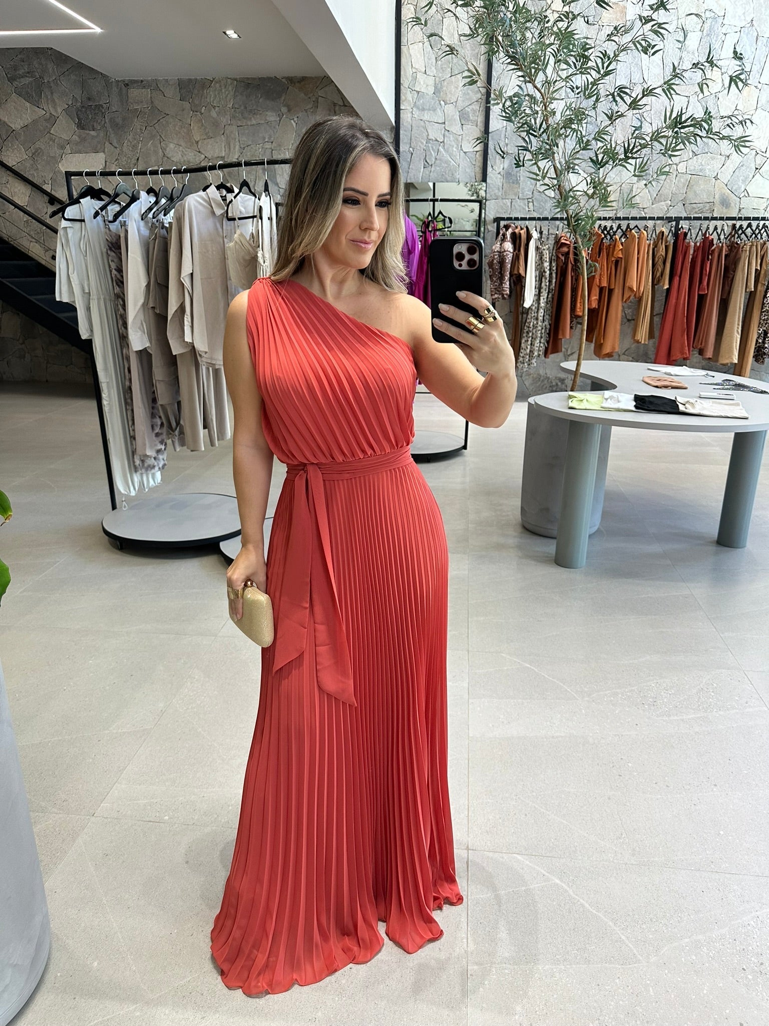 Vestido ombro só plissado