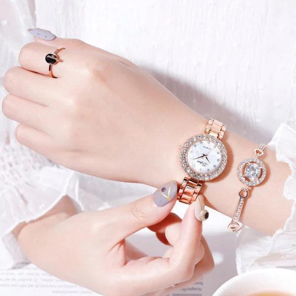 Relógio de Luxo Feminino + 5 BRINDES: 1 Par de Brincos, Colar, Anel e Pulseira