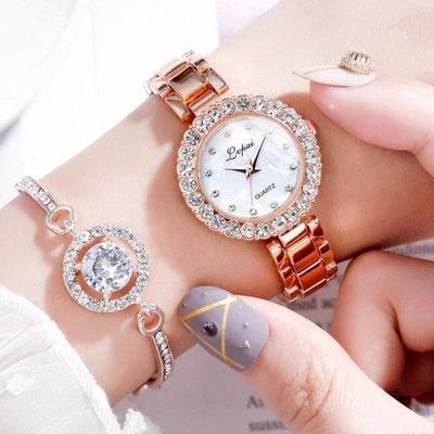 Relógio de Luxo Feminino + 5 BRINDES: 1 Par de Brincos, Colar, Anel e Pulseira