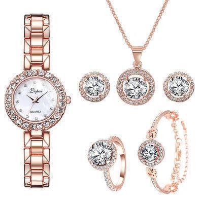 Relógio de Luxo Feminino + 5 BRINDES: 1 Par de Brincos, Colar, Anel e Pulseira