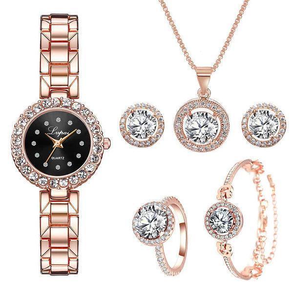Relógio de Luxo Feminino + 5 BRINDES: 1 Par de Brincos, Colar, Anel e Pulseira
