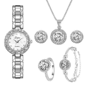 Relógio de Luxo Feminino + 5 BRINDES: 1 Par de Brincos, Colar, Anel e Pulseira