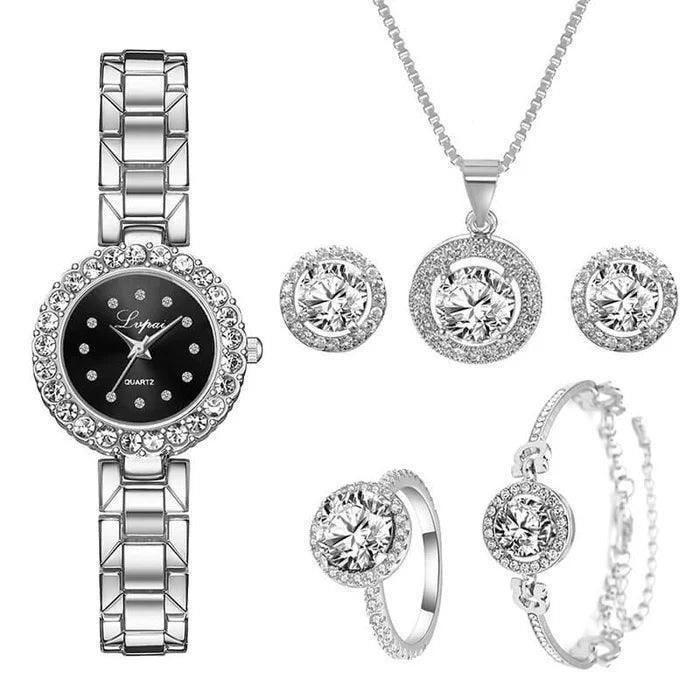 Relógio de Luxo Feminino + 5 BRINDES: 1 Par de Brincos, Colar, Anel e Pulseira