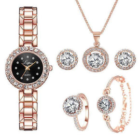 Relógio de Luxo Feminino + 5 BRINDES: 1 Par de Brincos, Colar, Anel e Pulseira